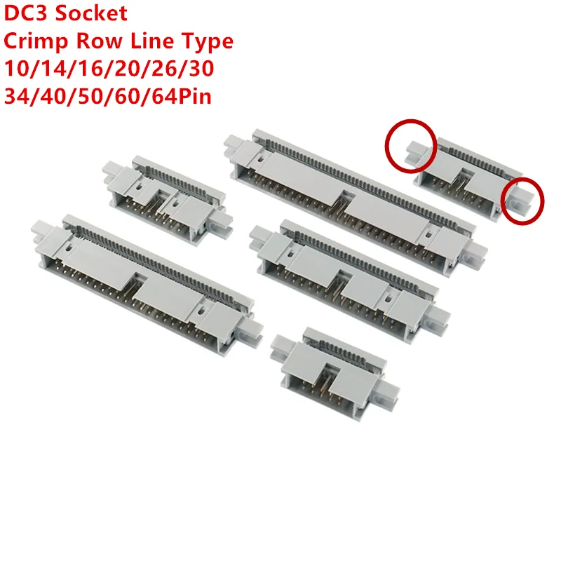 Conector macho de cabezal de caja IDC recta, 2 piezas, 2,54mm, 10P/14P/16P/20P/26/30/34/40/50/60P/64 Pines, para 1,27 cable plano espaciado mm