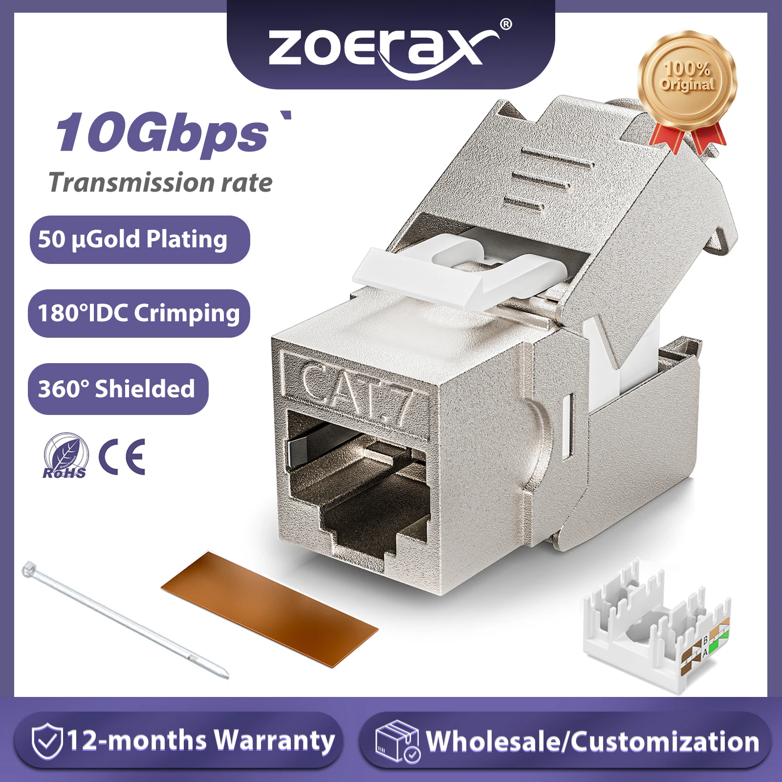 ZoeRax RJ45 CAT8 CAT7 CAT6A Keystone Jack acoplador sin herramientas blindado de red acoplador adaptador de módulo de aleación de Zinc tipo 180 grados