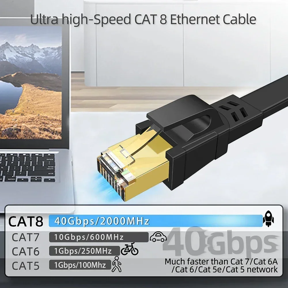 Cable Ethernet Cat8 Cable Lan plano de alta velocidad RJ45 40Gbps 2000Mhz para enrutador de red doméstico módem ordenador PC y portátiles 1M 2M - imagen 2