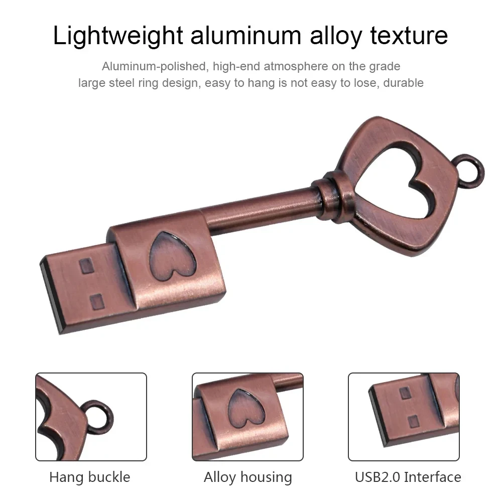Unidad flash USB 2,0 con llave de Metal creativa Retro, unidad de bolígrafo con forma de corazón, 20 unidades por lote, regalo de negocios a la moda, disco U de 64GB, 32GB y 16GB - imagen 3
