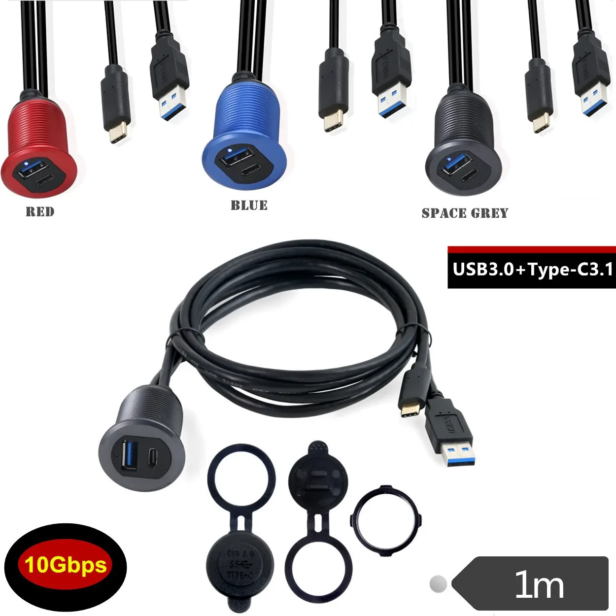 Adaptador USB 3,1 resistente al agua, Cable de extensión USB tipo C y USB3.0, montaje empotrado, extensión de montaje en barco para Panel de salpicadero