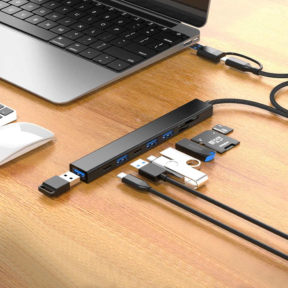 8 puertos USB 3,0 HUB doble cabezal USB C tipo C con lector de tarjetas SD MICRO SD USB2.0 Cable de transferencia de datos divisor tipo C base de carga