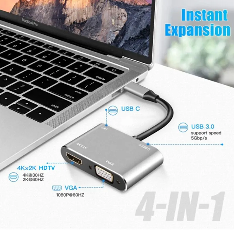 Concentrador de red USB tipo C 3,0, Adaptador 4 en 1 a 4K, HDMI, HDTV, VGA, USB 3,0, PD, divisor de carga rápida para MacBook, Notebook, ordenador portátil - imagen 3