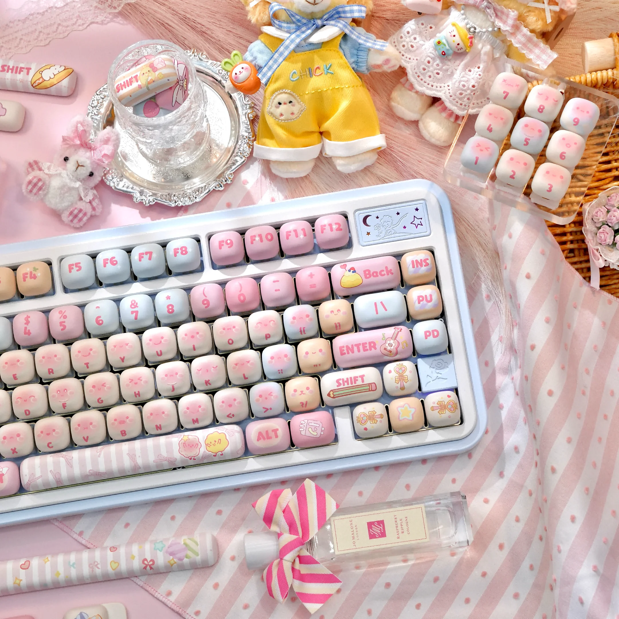 MOG Keycaps algodón de azúcar tema rosa lindo redondo moño al vapor Keycap PBT sublimación personalizado Teclado mecánico teclas regalo para niñas - imagen 4