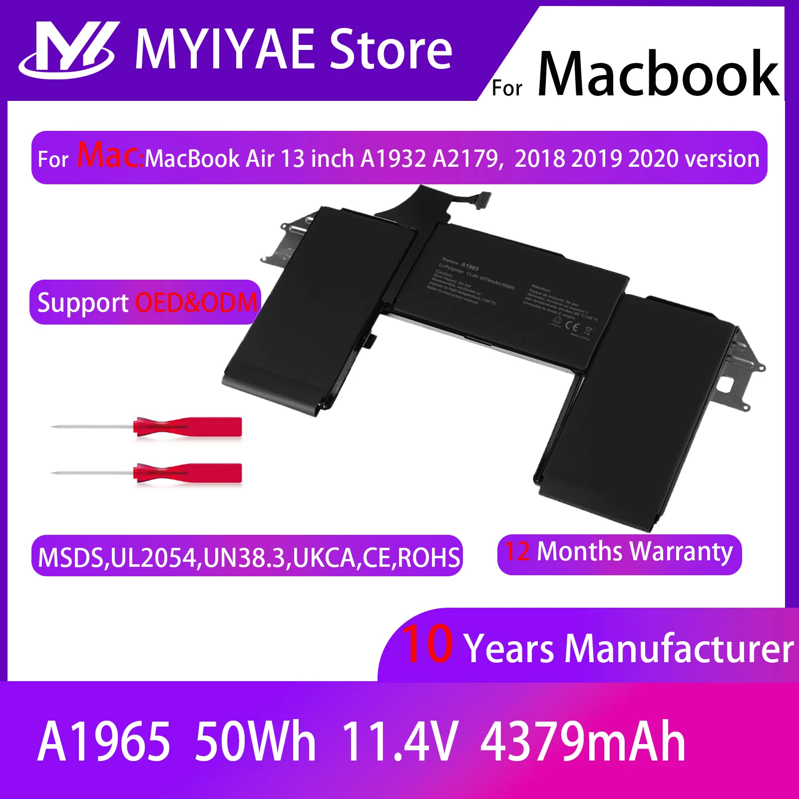 Batería de repuesto para ordenador portátil, A1965, A2179, A1932, para MacBook Air de 13 pulgadas, A1932 (versión de 2018-2019), A2179, EMC3184, EMC3302, MRE82LL/A