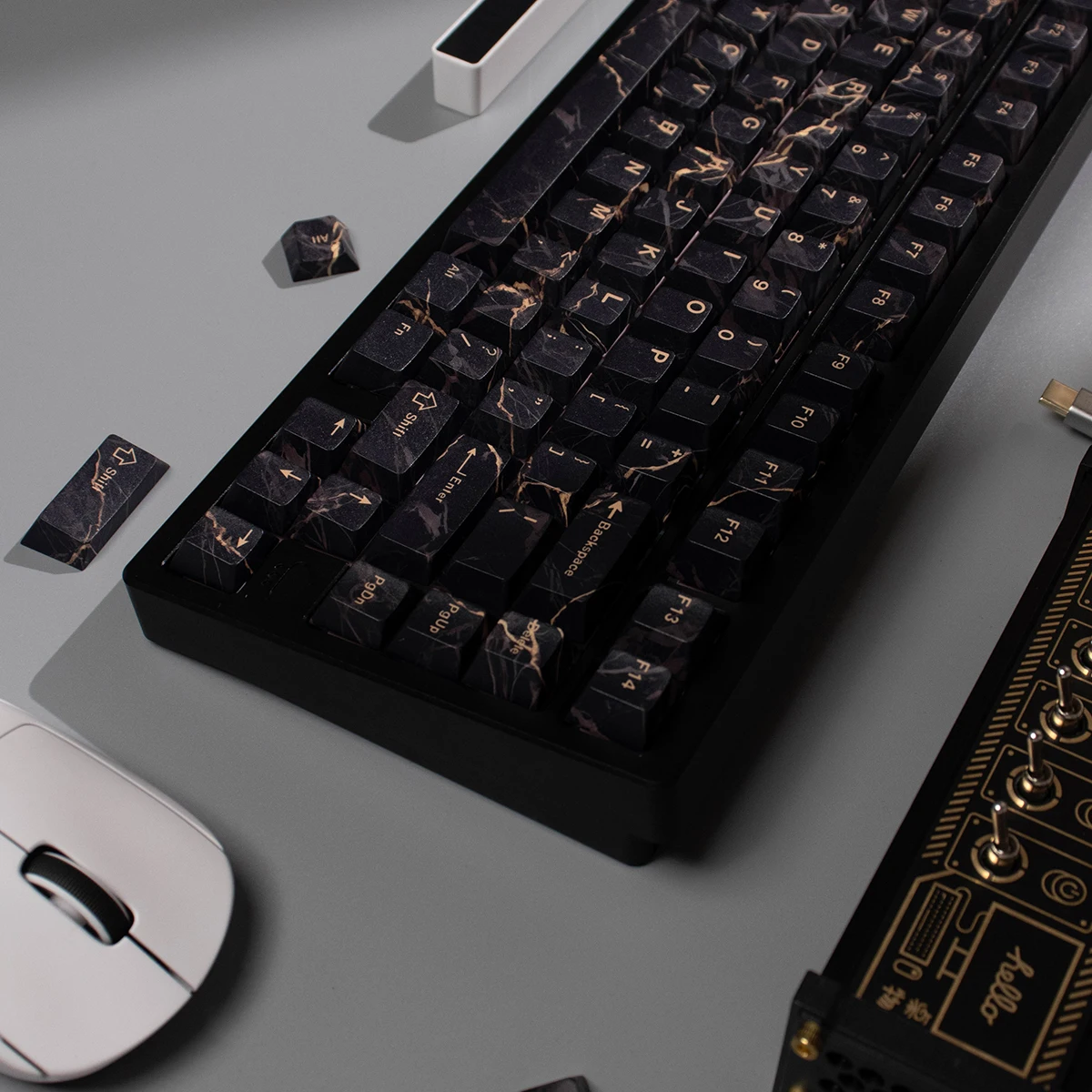 Teclas de mármol dorado negro, teclas PBT sublimadas con perfil de cereza para interruptores MX, Teclado mecánico 6.25u 7u, barra espacial dividida - imagen 5