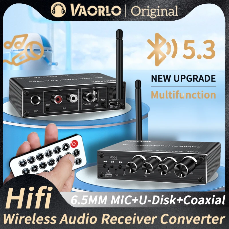 VAORLO-receptor de Audio con Bluetooth 5,3, convertidor DAC Coaxial, USB u-disk Play, adaptador inalámbrico de Karaoke de 6,5 micrófonos, AUX RCA de 3,5 MM