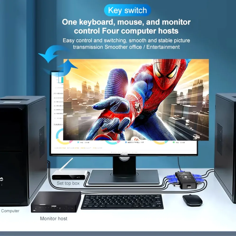 Conmutador KVM de 4 puertos, 4 en 1, salida USB, VGA, KVM, para impresora, ratón, teclado, Pendrive, 1080P, conmutador compartido, 2x1/4x1 - imagen 3