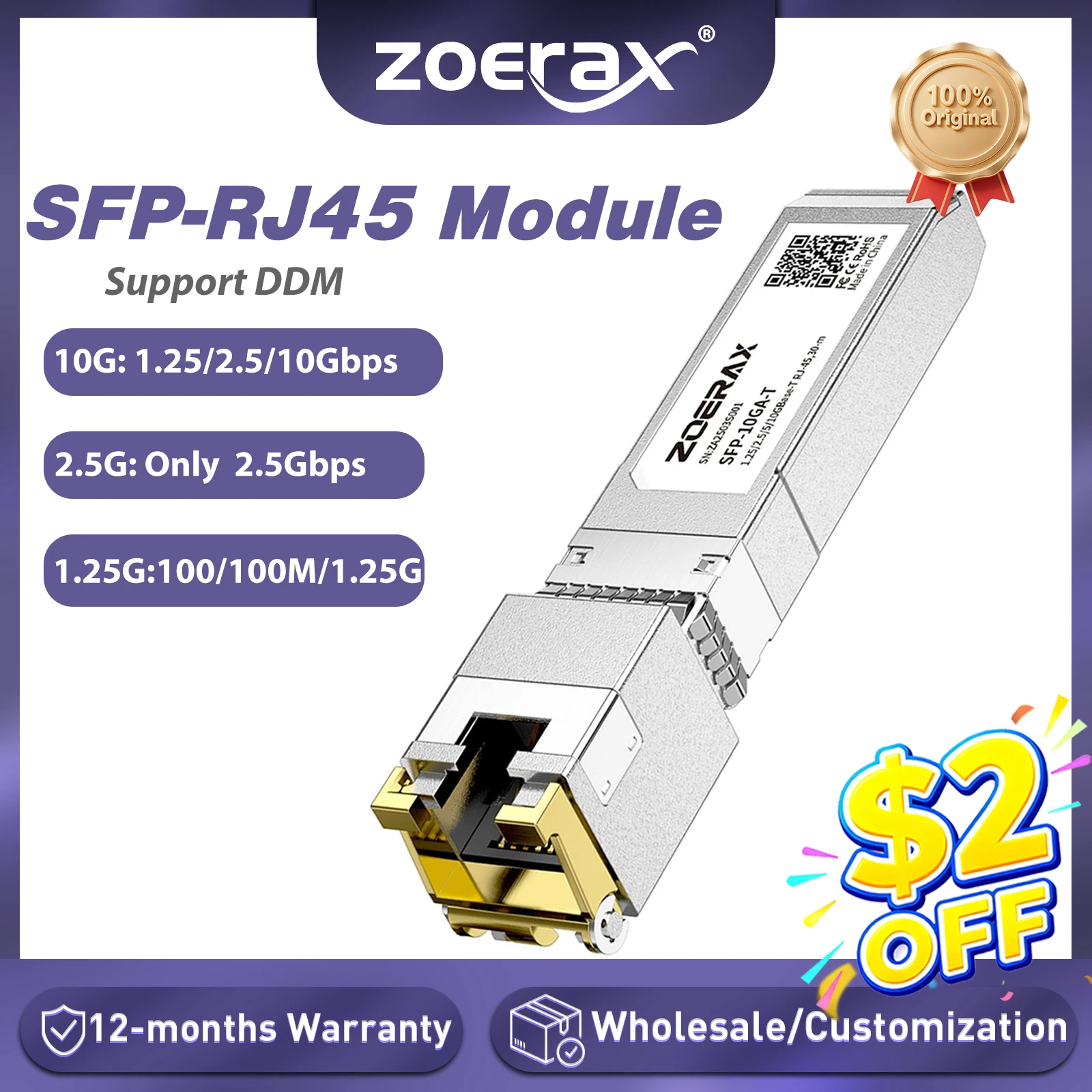 ZoeRax 10/2.5/1.25G SFP+ a RJ45 Módulo de cobre Módulo transceptor Ethernet Compatible con con conmutador Ethernet Cisco/Mikrotik
