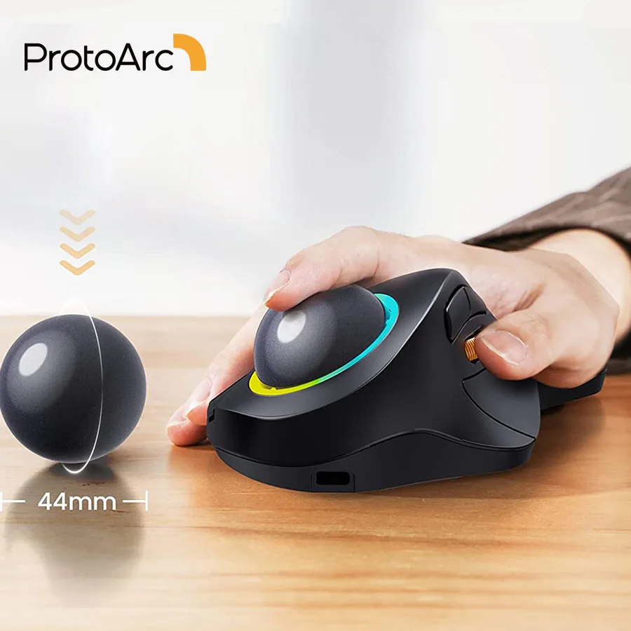 ProtoArc EM03 Ratón Trackball inalámbrico Bluetooth Ratones Rollerball retroiluminados ergonómicos recargables RGB para Windows Mac iPad - imagen 2