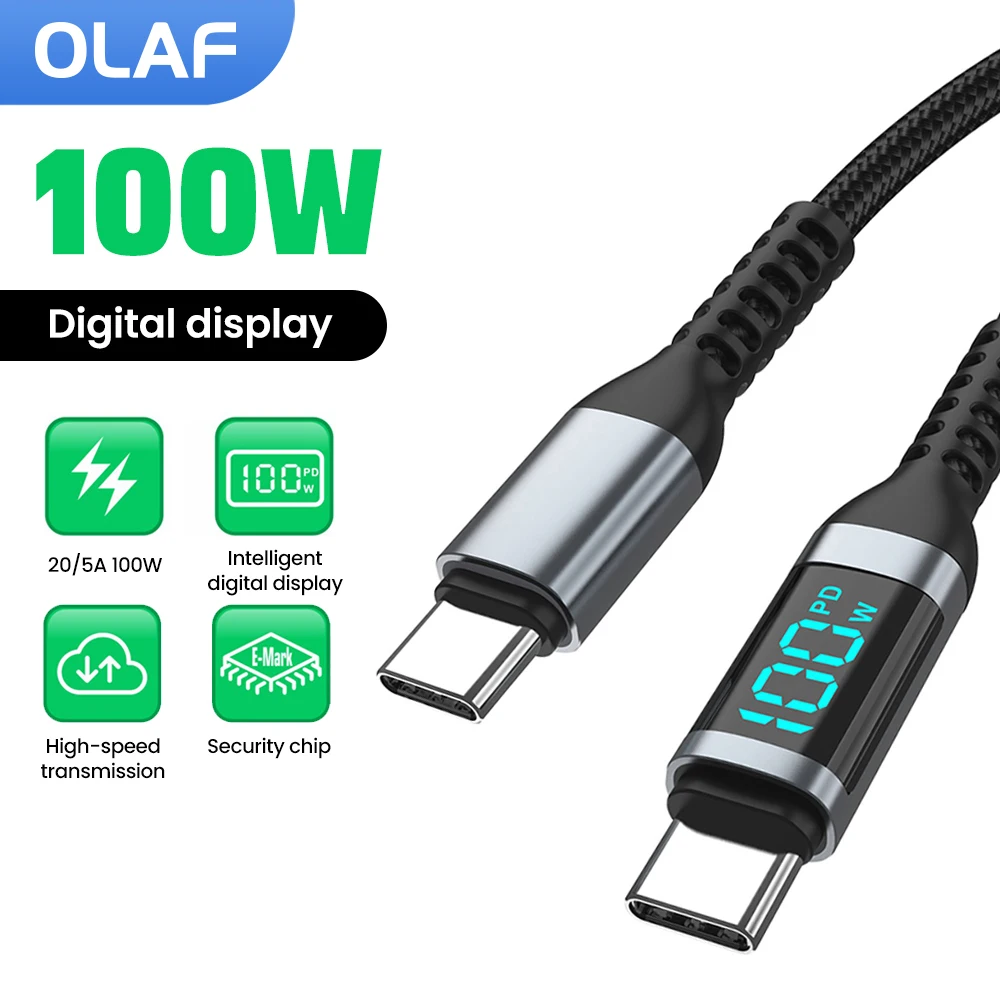 Cable PD 100W USB tipo C a USB C Cable de pantalla Digital de carga rápida para iPhone 15 Samsung Huawei Xiaomi Cable tipo C a tipo C