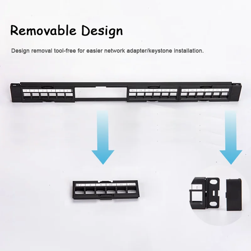 Panel de conexión de red Linkwylan en blanco 1U 24 puertos extraíbles para Keystone estándar RJ45 con barra administradora de cables y con campo de etiquetas - imagen 2