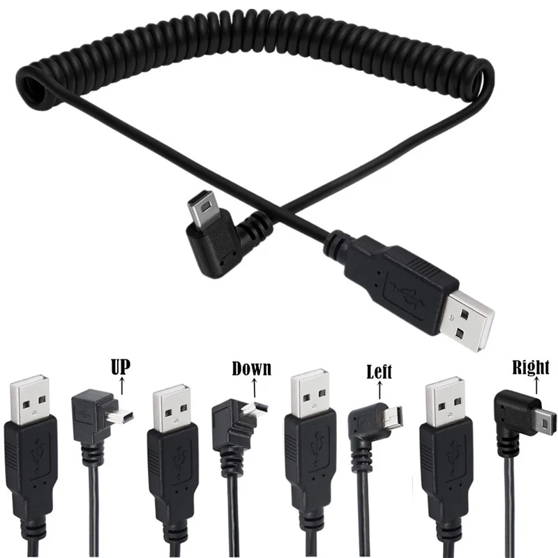 Muelle espiral en espiral USB 2,0 A macho a 90 grados en ángulo MINI 5 pines Cable de enchufe macho izquierdo y derecho - imagen 2
