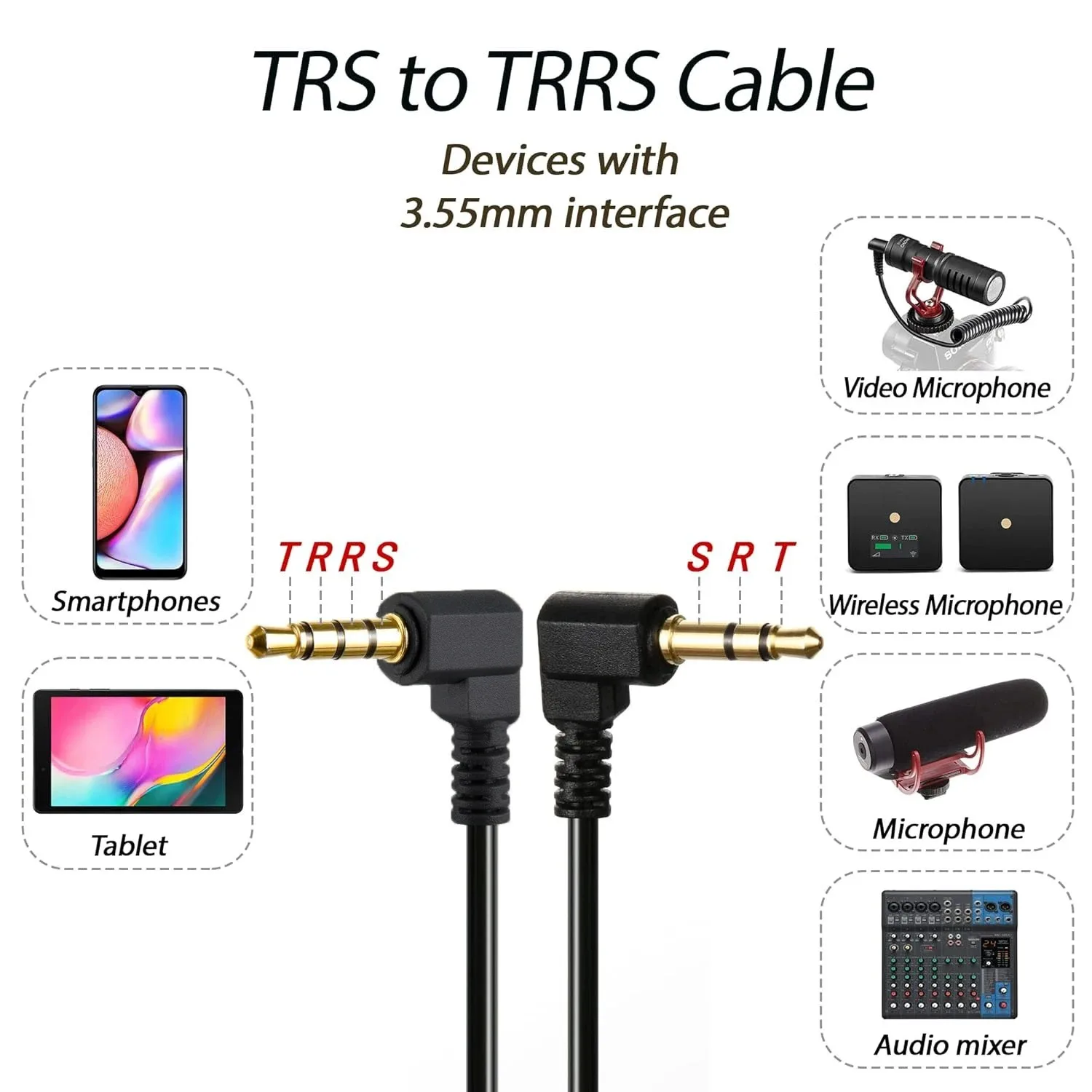 Cable de micrófono TRS a TRS de 90 grados, 3,5mm, 1/8 para cámara de videocámara, Cable de micrófono TRS a TRRS de ángulo recto en espiral para teléfono y tableta - imagen 4