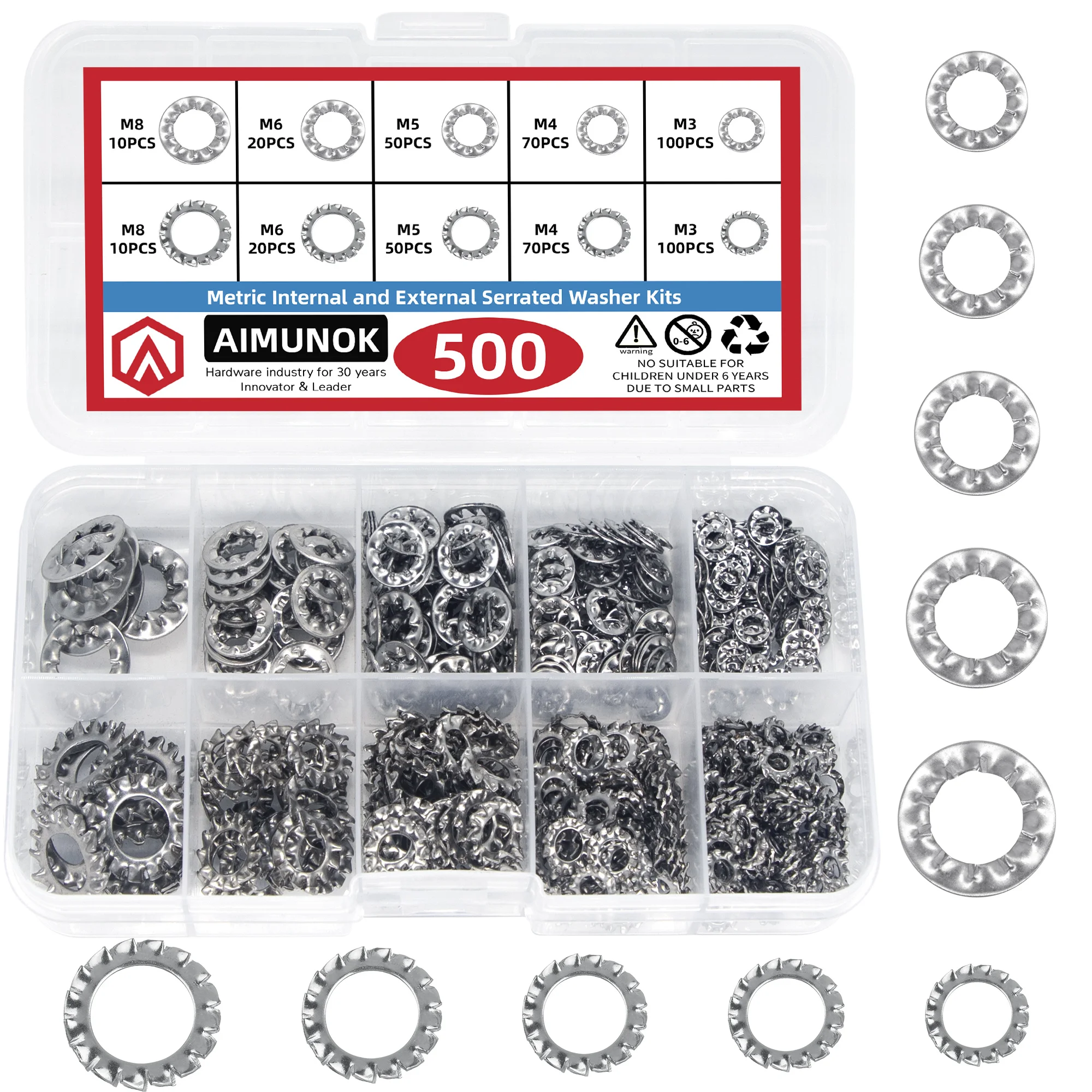 500 unids/caja mezcla M3 M4 M5 M6 M8 juego surtido de juntas de arandela de bloqueo dentada interna externa 304 A2-70 de acero inoxidable