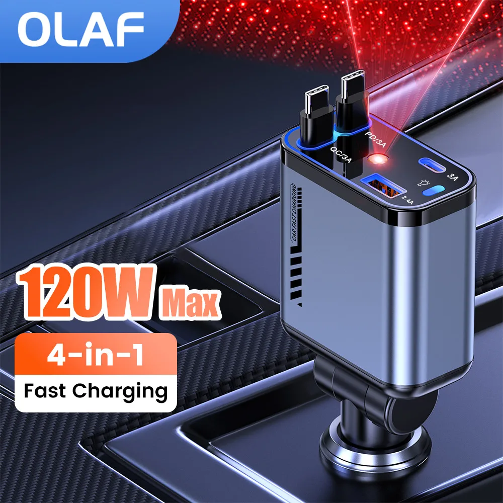 Cargador de coche de 120W, Cable USB C 4 en 1 para IPhone, Huawei, Samsung, Cable de carga rápida, adaptador de encendedor de cigarrillos, lámpara de cielo estrellado