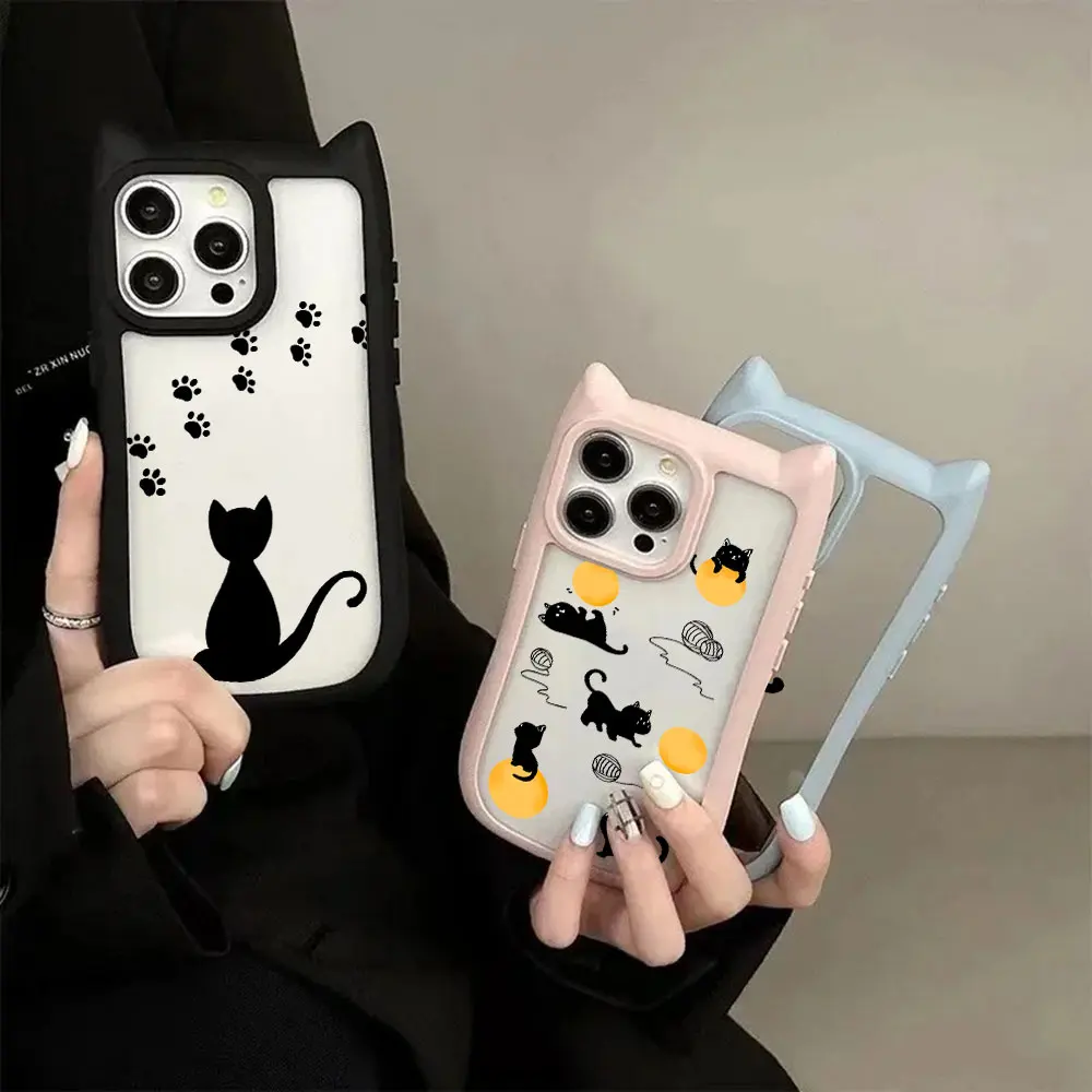 Funda de teléfono con orejas de gato negro para iPhone 16 15 14 13 12 11 Pro Max, parachoques de silicona suave acrílico duro transparente - imagen 5