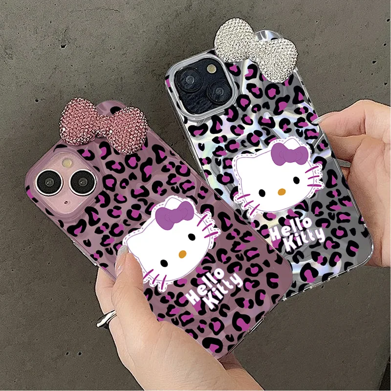 Funda de leopardo con lazo de Hello kitty 3D para OPPO Reno 14 14F 13 12 FS 13F 12F 11F 11 10 Pro 5G 7 4G 6 5 Find X3 Lite cubierta de teléfono de PC