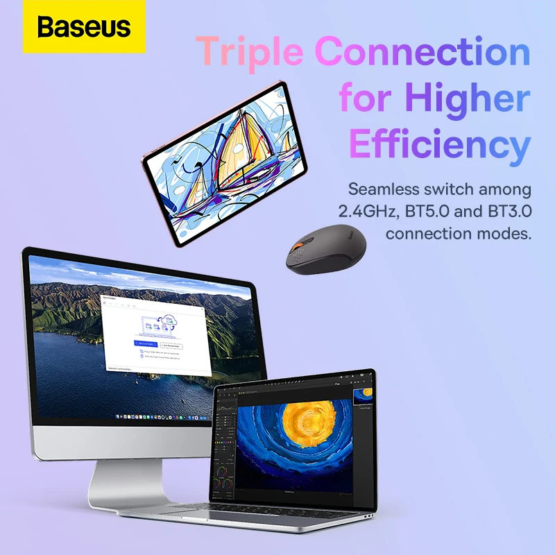 Baseus Tablet Computadora Ratón inalámbrico Bluetooth Carga luminosa 2.4G USB Ratón inalámbrico Ratón portátil - imagen 3