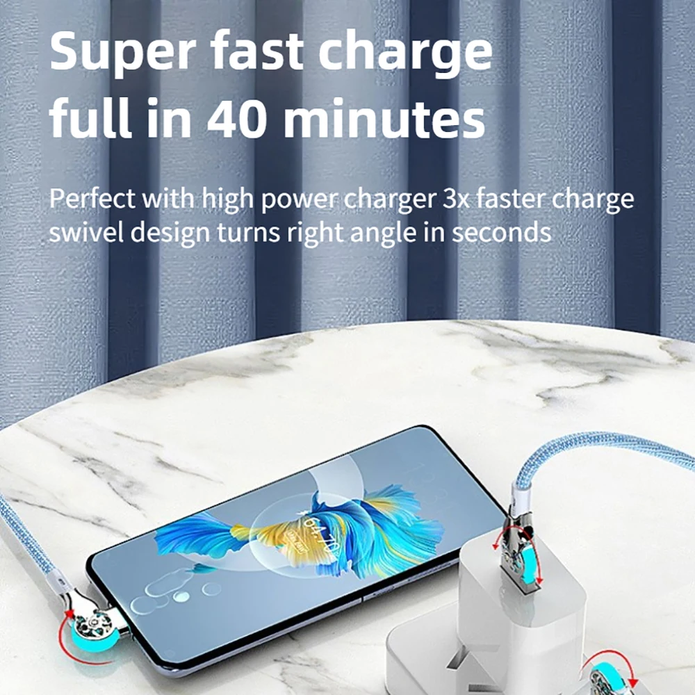 Cable de datos de teléfono de carga rápida USB A a tipo C, cables de rotación de codo de 180 grados con Cable de datos trenzado de aleación de Zinc ligero de 0,3/1/2m - imagen 3