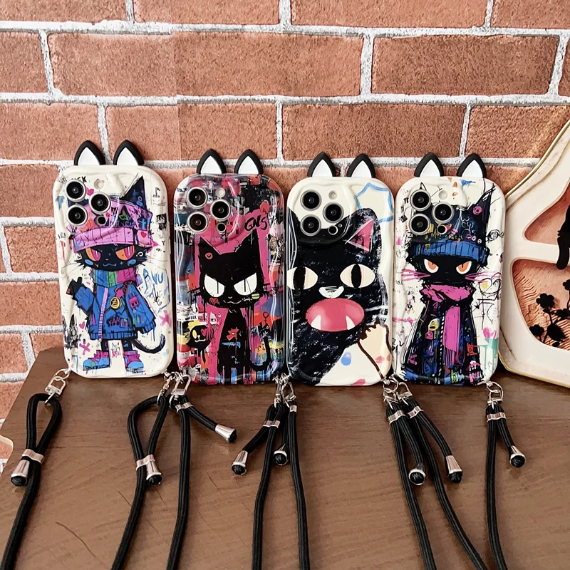 Para iPhone 16 15 14 13 12 11 Pro Xs Max Xs XR 7 8 6 Plus e SE 2020 2022 oreja graffiti gato onda caso con cuerda de soporte