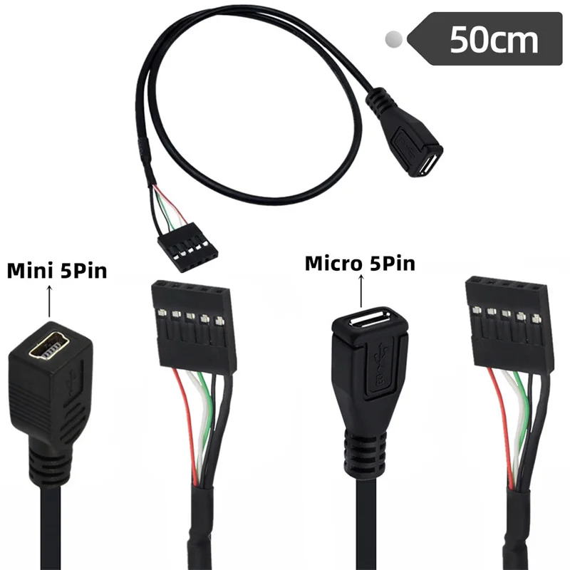 50CM Mini 5P USB Micro USB hembra a 1x 5 pines hembra 2,54 USB encabezado PCB Cable de placa base