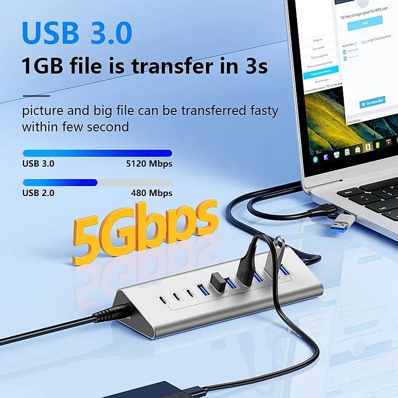 Estación de acoplamiento USB A USB C Hub 3,0 de 10 puertos, extensión de divisor tipo C de 5Gbps, adaptador de aluminio multienchufe, accesorios para ordenador portátil y PC - imagen 3