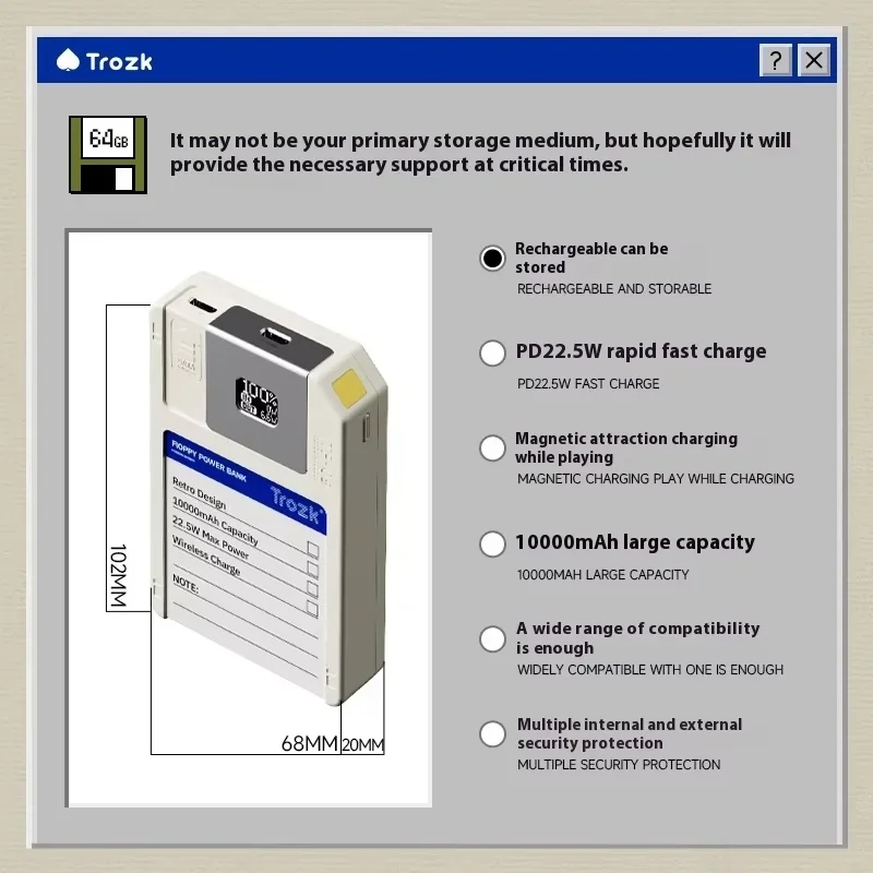 Trozk-Banco de energía con disquete, energía móvil magnética, suministro de 10000 Mah, tesoro de carga portátil con almacenamiento, regalo multifuncional - imagen 5