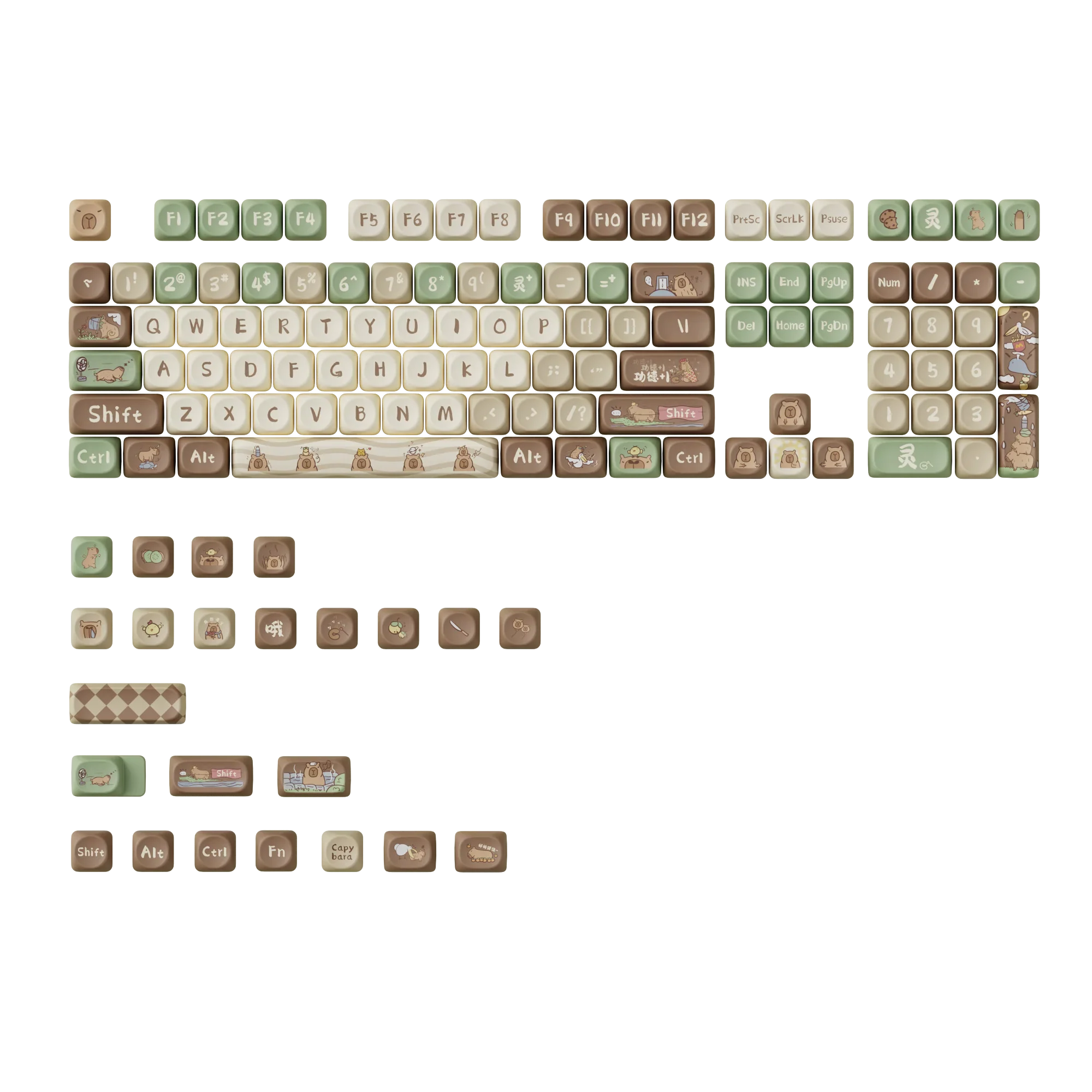 131 teclas Capybara Keycap lindo dibujos animados sublimación OQO Keycap personalizado DIY Teclado mecánico personalizado Keycap verde marrón - imagen 4