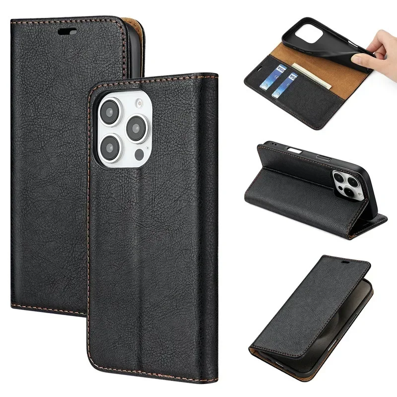 Funda de cuero tipo billetera Solt con tarjetas magnéticas fuertes para iPhone 16Pro Max 15 Plus 14 13 12 11 16E, funda de negocios con soporte abatible - imagen 2