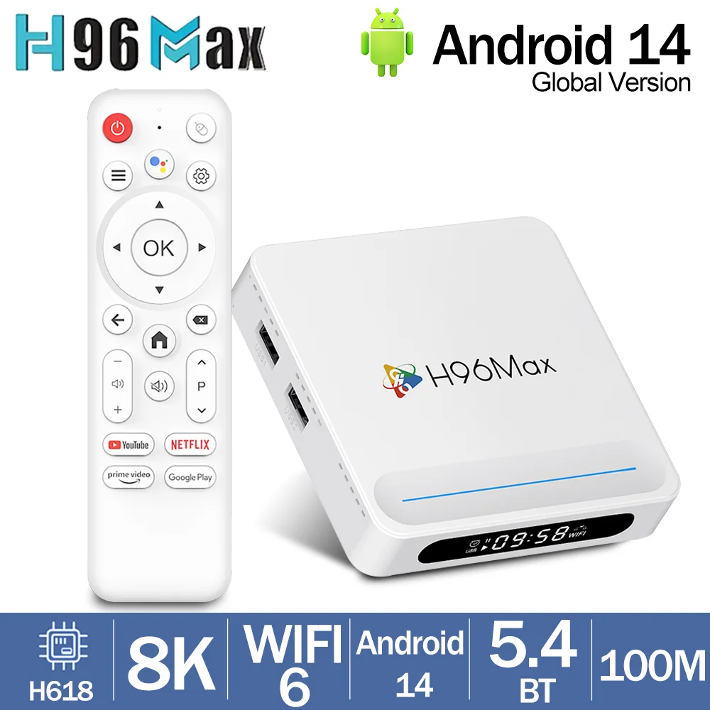H96 MAX H618 PLUS Android 14 Smart TV Box Wifi6 BT Control remoto 8K Quad Core asistente de voz reproductor multimedia Set Top TV Box