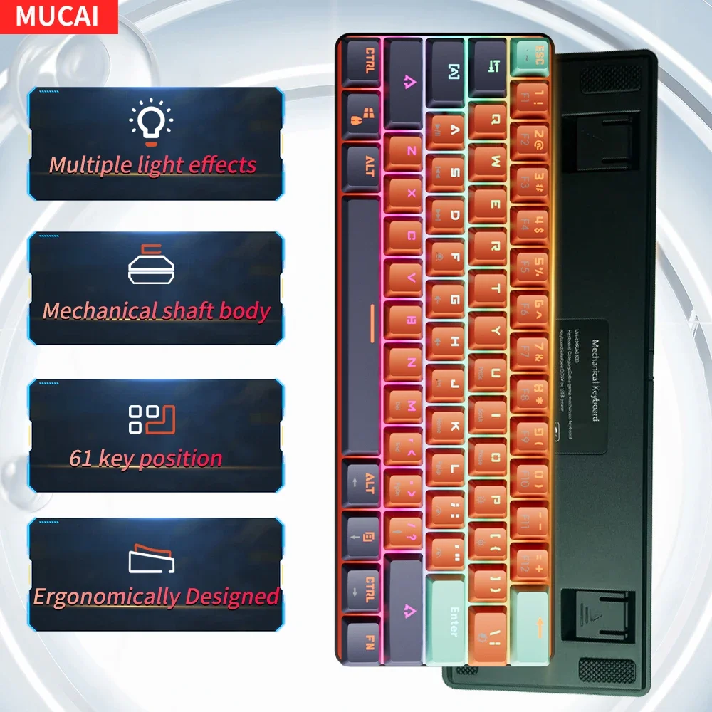 MUCAI MKA610 USB Mini Esports Teclado mecánico con cable Eje rojo Efecto de luz LED Gaming PC Laptop Cable extraíble