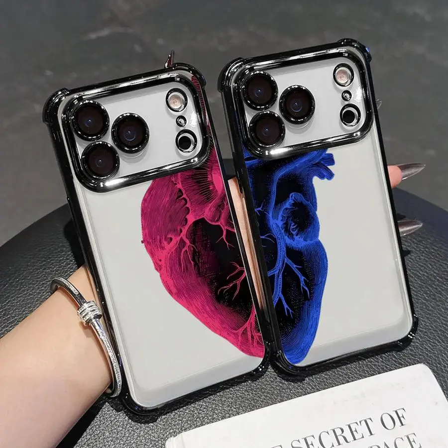 Funda de teléfono con corazón rojo y azul para Apple iPhone 13 12 11 Pro Max 16 15 14 Plus 16e 17 Air Clear Cover