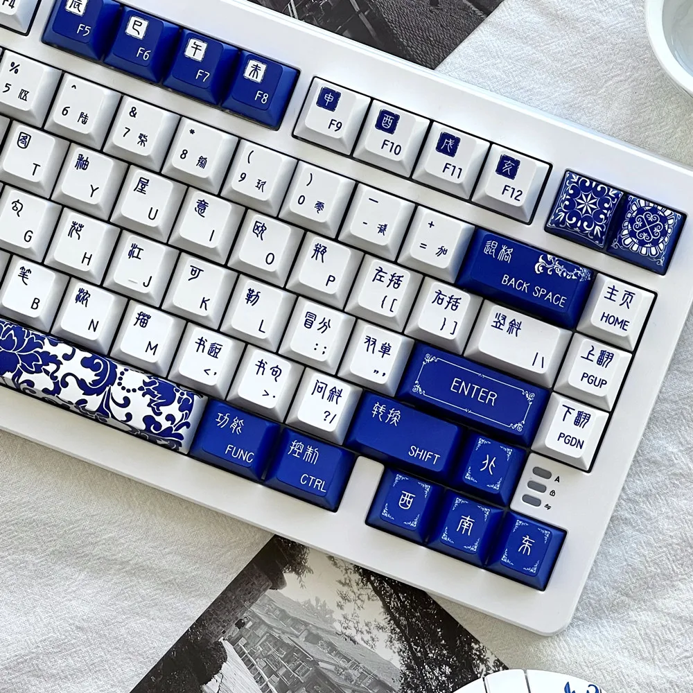 Diseño Original PBT Keycap 142 teclas porcelana azul y blanca perfil cereza tinte SUB para teclado mecánico GH60 GK61 64 68 75 84 - imagen 4