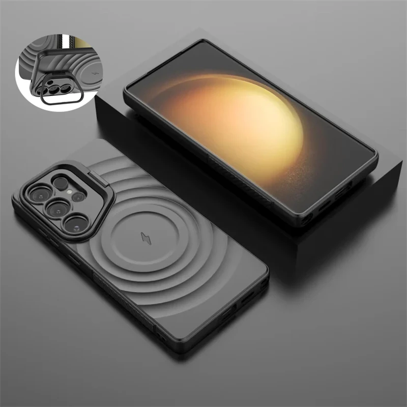 Funda magnética ondulada con soporte para lente plegable de carga inalámbrica Magsafe de lujo para Samsung Galaxy S25 Ultra Plus, funda suave mate - imagen 2