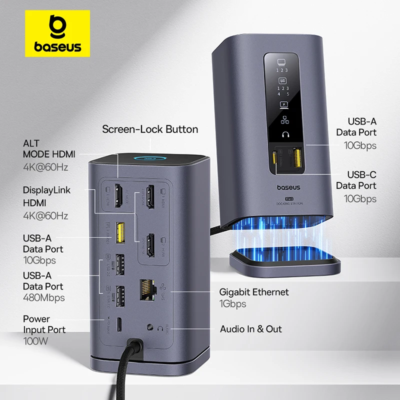 Baseus USB C HUB para Mac M3 M2 M1 sistema HDMI 4K @ 60Hz MST Triple pantalla para MacBook Air Pro Window 11-en-1 HUB estación de acoplamiento - imagen 5