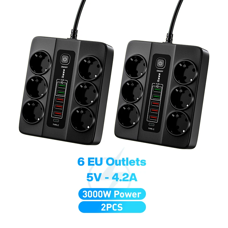 6 Outlets Black 2PCS