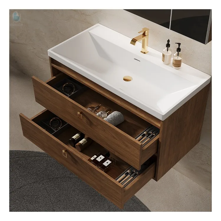 Mueble de tocador de baño moderno de madera maciza montado en la pared resistente al agua con espejo LED para hoteles, apartamentos y villas - imagen 5