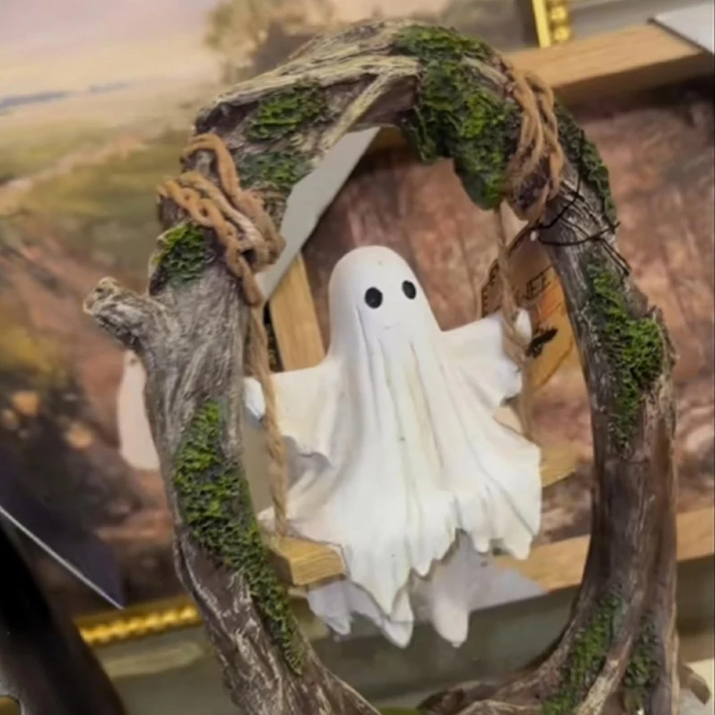 Adornos de decoración de columpio de árbol fantasma para Halloween, estatua espeluznante de resina, decoración del hogar para escritorio, alféizar de ventana, mesas de comedor - imagen 4