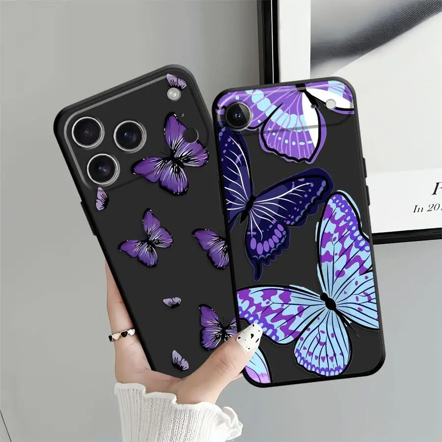 Funda de mariposas coloridas para iPhone XS Max 13 12 11 17 Pro Max 17Air 7 8 15 16 14 Plus XR, funda de teléfono suave negra - imagen 2