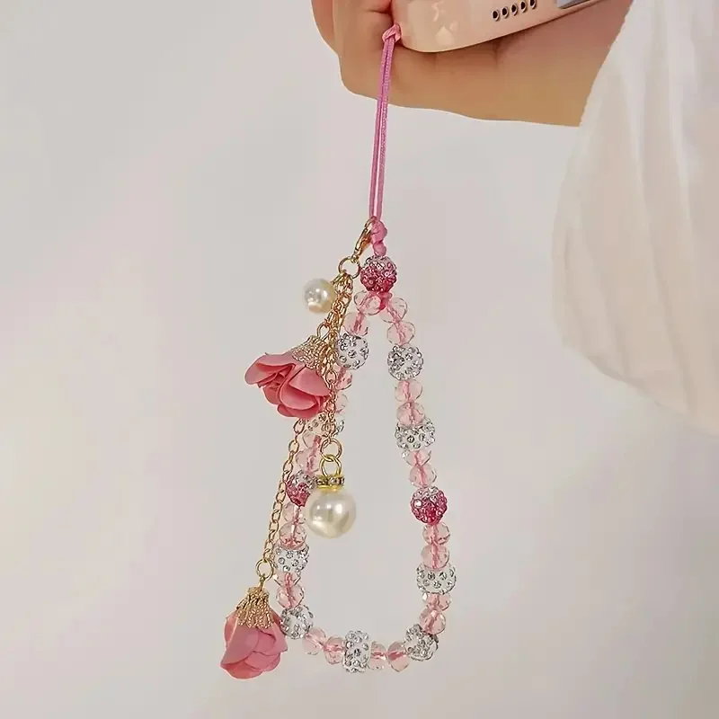 Cordón de lujo con cuentas de flores y diamantes para teléfono móvil, correa corta para teléfono, auriculares, mochila, cordón para cámara, regalo de vacaciones - imagen 2