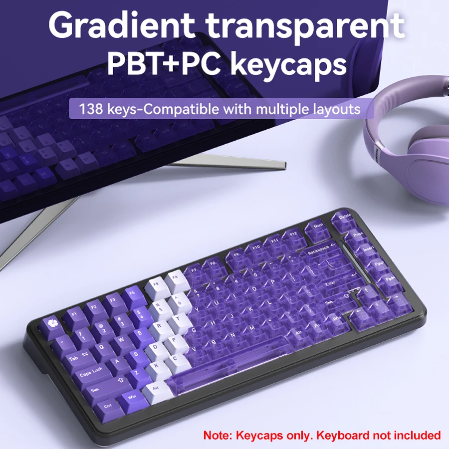 Teclas transparentes con gradiente PBT, nuevo lanzamiento de 2025, juego de teclas de 138 teclas diseñado para teclados mecánicos para juegos MX de 61-108 teclas