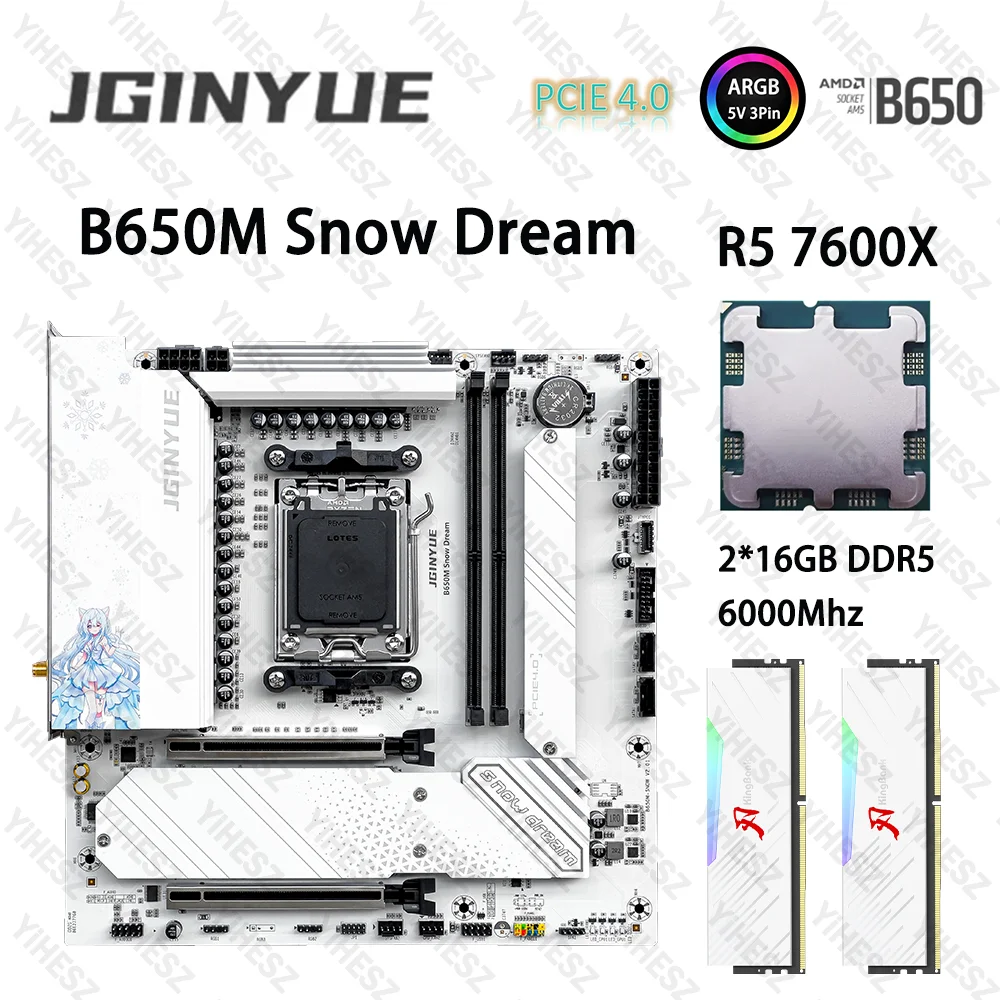 JGINYUE B650M AM5 juego de placa base con R5 7600X 2*16GB = 32GB DDR5 6000Mhz ARGB PCIe 4,0 × 4 M.2 B650M Snow Dream M-ATX placa base