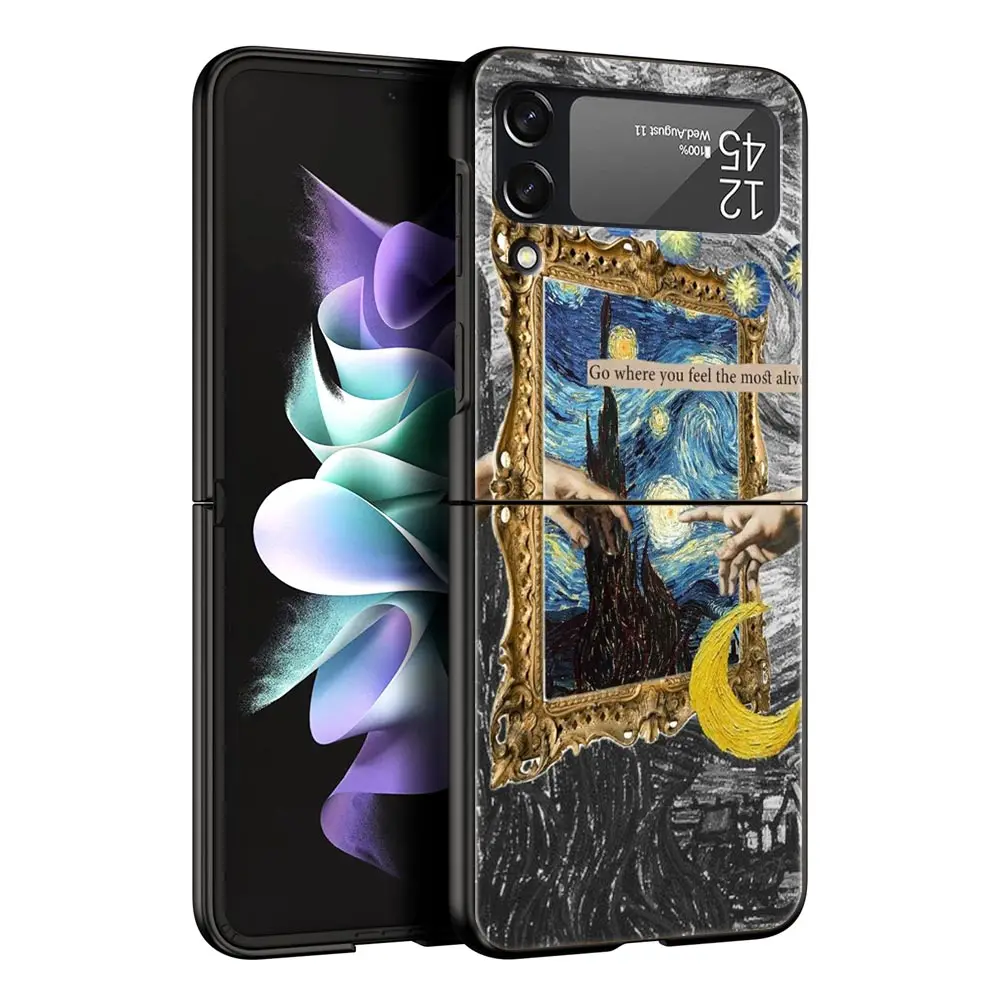 Funda de teléfono de Arte de van gogh con cielo estrellado, carcasa de PC para Samsung Galaxy Z Flip3, Flip4, Flip5, Z Flip 3, 4, 5, cubierta plegable dura negra - imagen 3