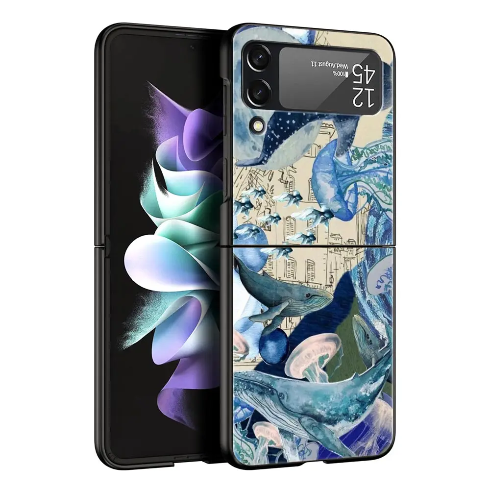 Funda de teléfono con diseño de tiburón y ballena oceánica para Samsung Galaxy Z Flip3 Flip4, carcasa para Z Flip 3 4 5 6, funda plegable dura negra - imagen 2