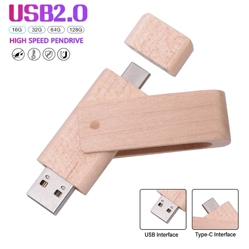 Unidad Flash USB TYPE-C 2 en 1, unidad colgante giratoria de 128GB, 64GB, unidad de bolígrafo de madera de nogal y arce, Memorias de regalo comercial de 64GB, Usb de 32GB
