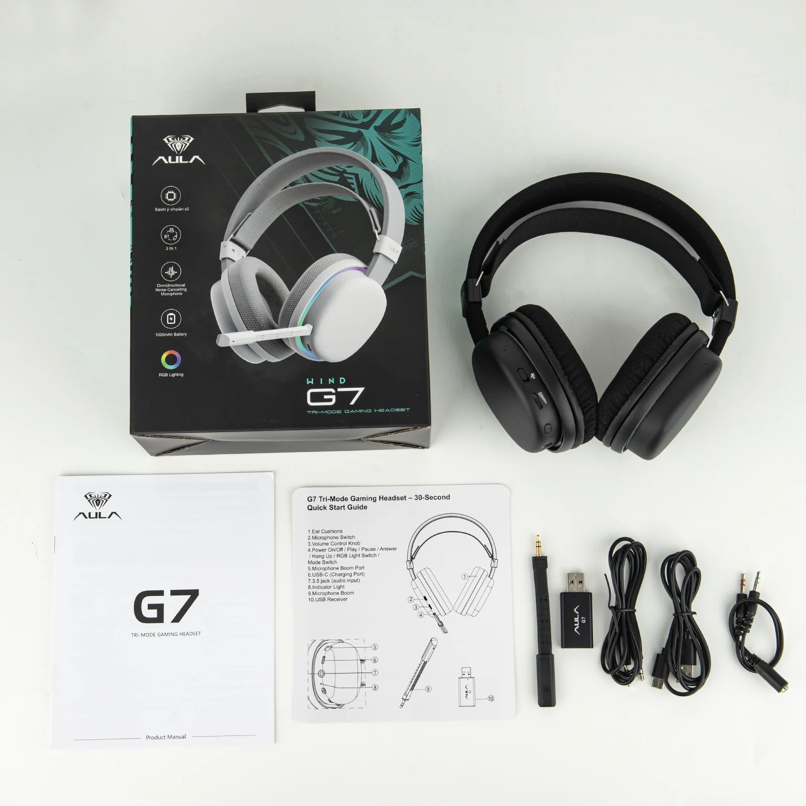 AULA G7 auriculares inalámbricos para juegos con cable/BT/2,4 GHz con micrófono desmontable con cancelación de ruido iluminación RGB para PS4/PS5/PC/Switch - imagen 4