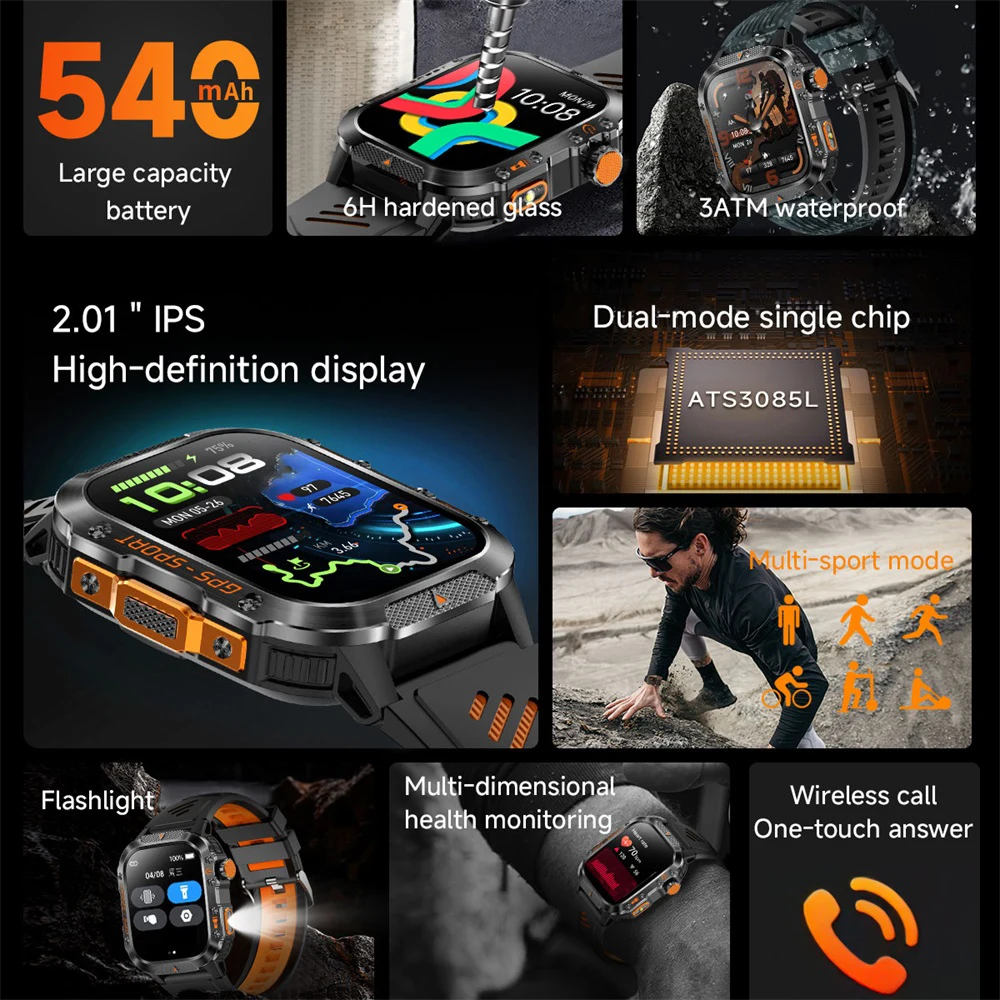 GPS deportes al aire libre brújula llamada de diente azul reloj inteligente linterna impermeable ritmo cardíaco salud Smartwatch recordatorio de información - imagen 2