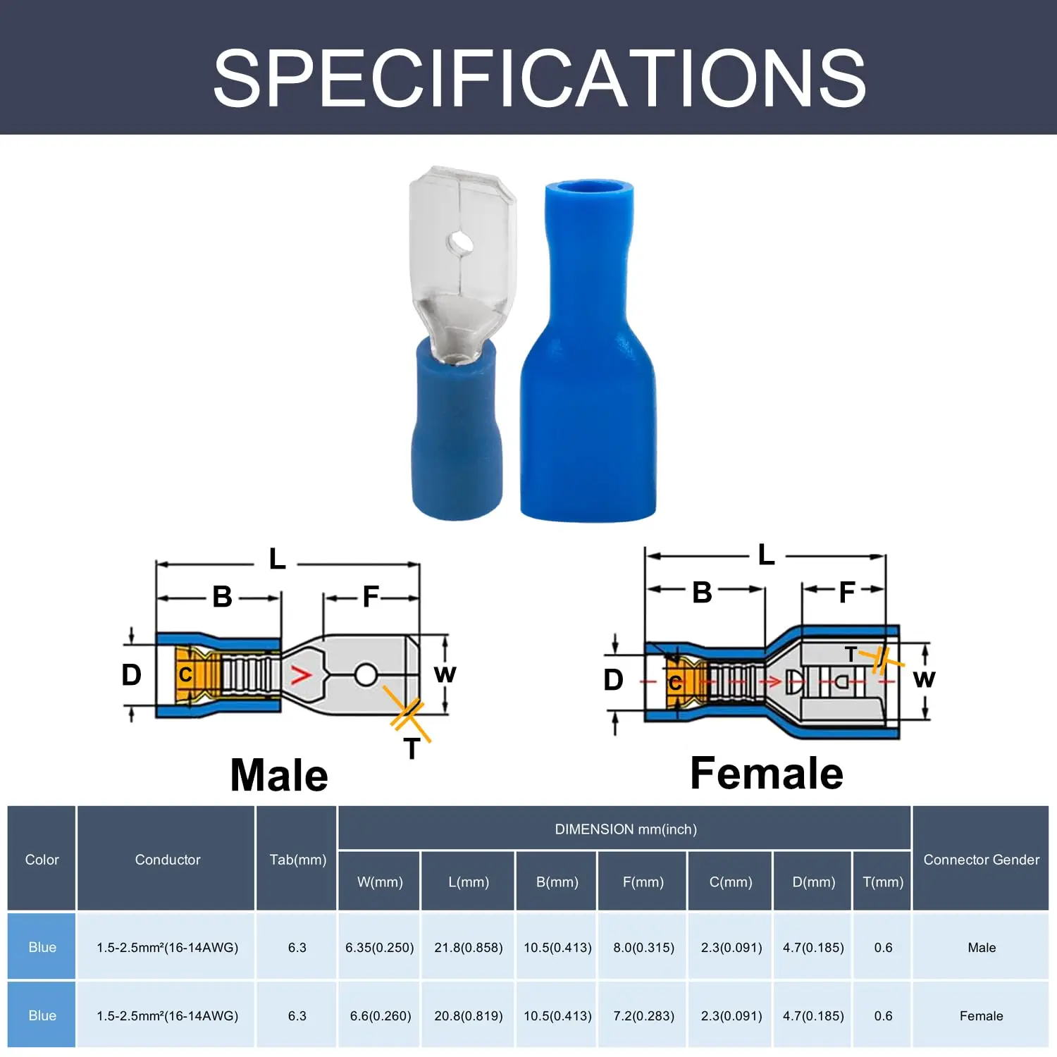 50 pares de conectores de cable de pala aislados de vinilo de desconexión rápida macho hembra, terminal de engarzado eléctrico de 16-14 AWG-6,3mm 1/4" - imagen 4
