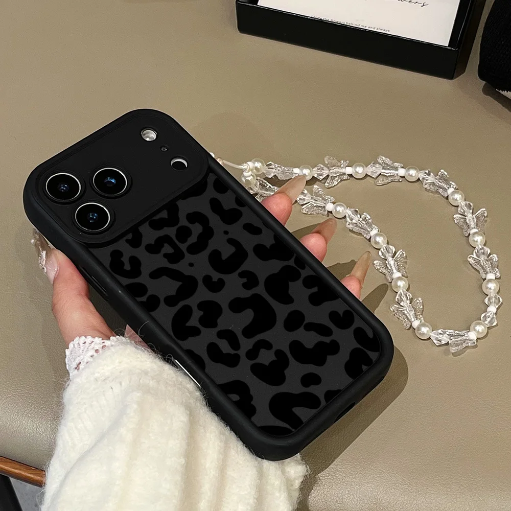 Funda de teléfono con estampado de leopardo negro para iPhone 11 12 13 14 15 16 17 Pro Max 16e 17Air X XR XS Max 7 8 Plus con cubierta con cordón - imagen 3